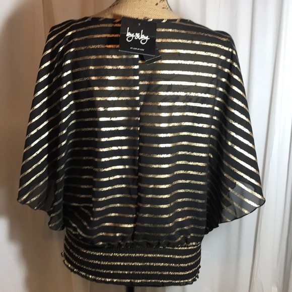 🆕 By and By Black Gold Striped Batwing Blouse Lrg - Picture 3 of 7